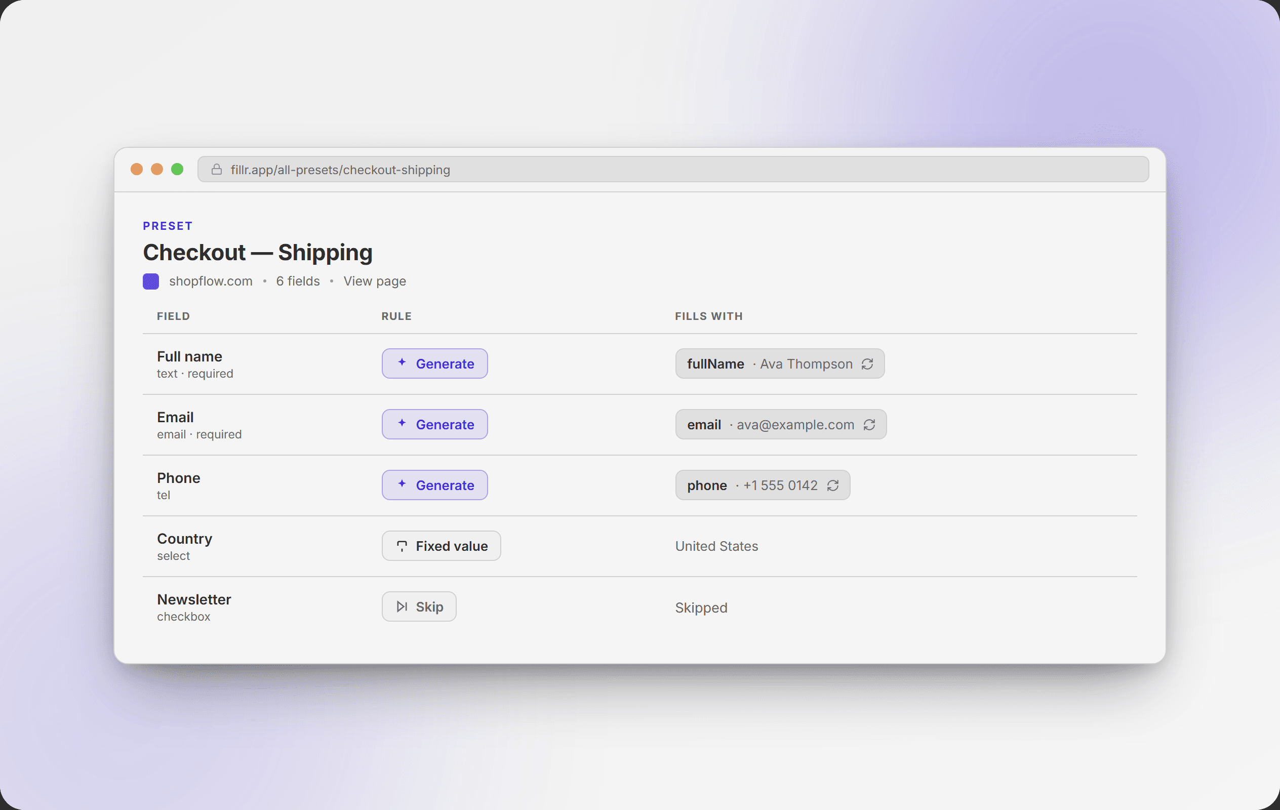 The Fillr preset editor showing a captured checkout form: each field has a rule like Generate, Fixed value, or Skip, and a generator that decides what it fills with.