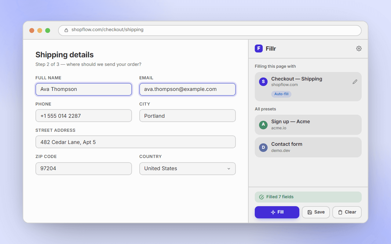 The Fillr side panel open next to a checkout form it just filled, showing the matched preset and the Fill, Save, and Clear buttons.