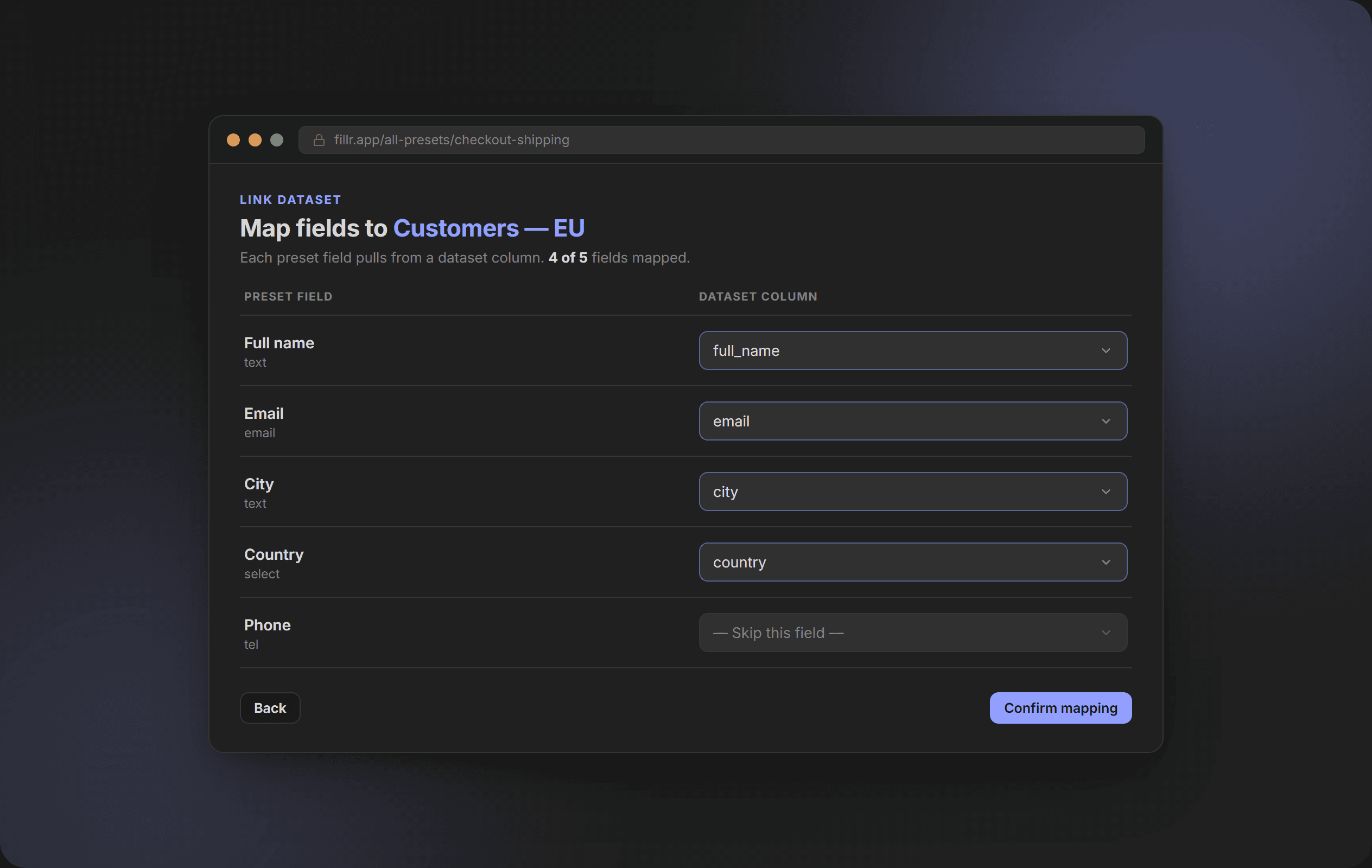 Fillr linking screen: mapping preset fields to dataset columns.