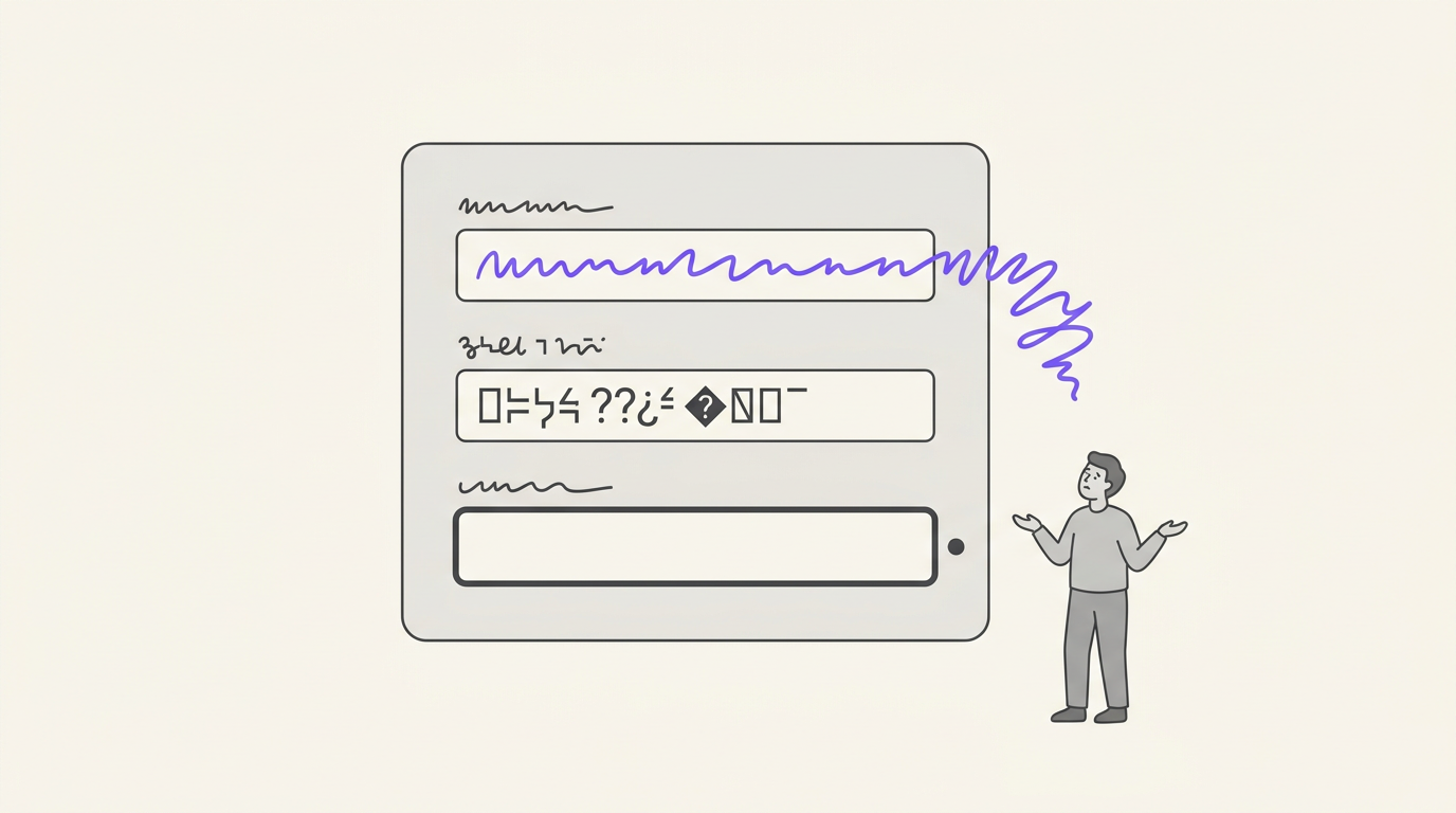 A form with three inputs: the first overflowing far past its box with a very long name, the second showing a name with accented characters rendered as broken symbols, the third empty and outlined in red — the everyday edge cases nobody wrote a ticket for.