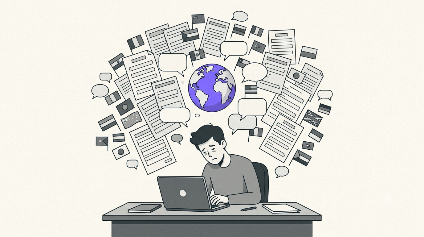 A lone tester at a desk surrounded by floating forms and speech bubbles in many world scripts and flags, overwhelmed by testing one product across dozens of languages.