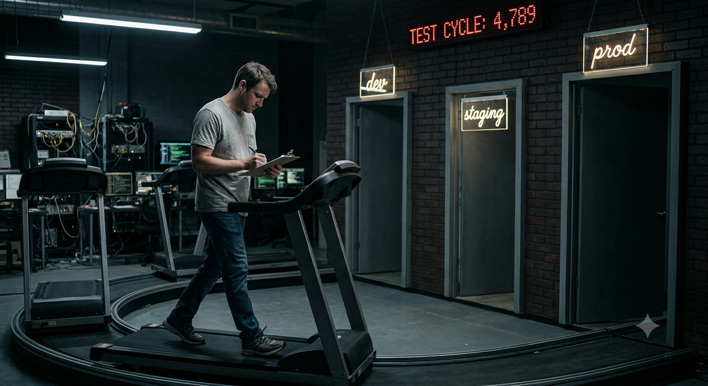 A QA tester stuck in a loop on a treadmill, filling the same blank form again and again as three identical doorways labeled dev, staging, and prod cycle past — the endless repetition of testing one form across environments.